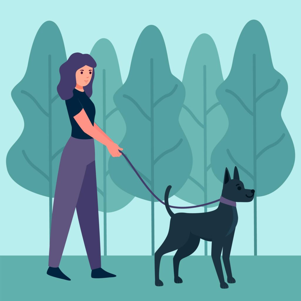 Illustration of a woman walking a dog in a forest